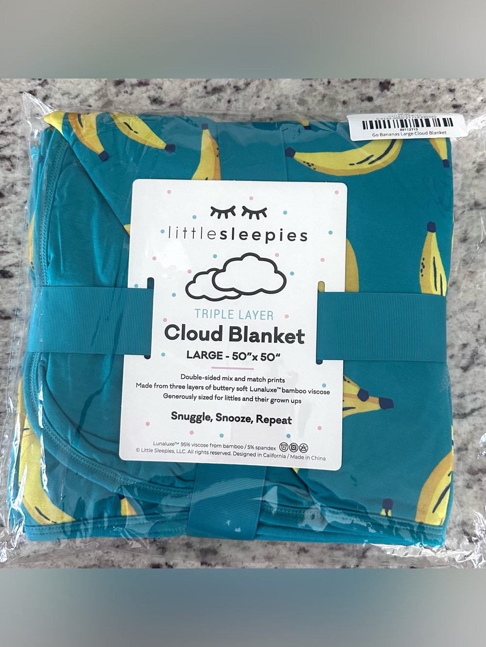 Little Sleepies Go Bananas Large Cloud Blanket 50x50 Bamboo Teal NWT